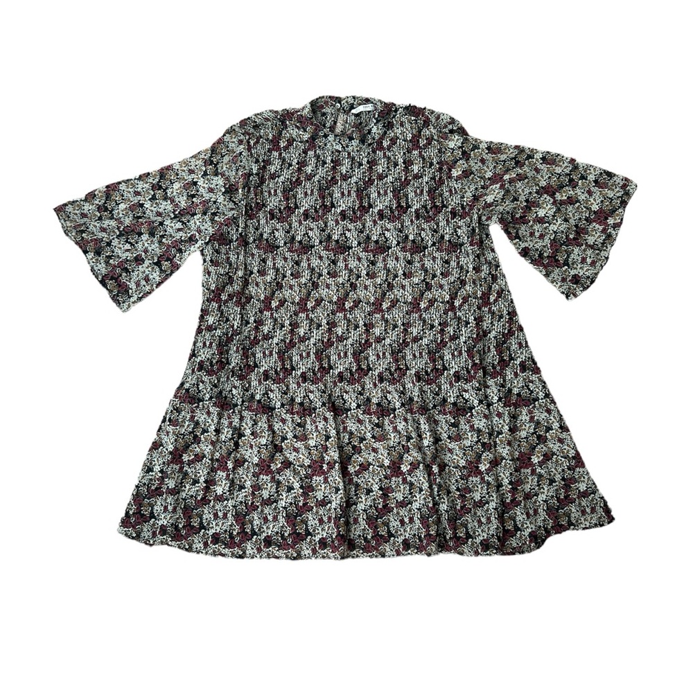 Zara Basic Dress Womens Size Medium Swing Floral Pleated Mini Dress Bell Sleeves